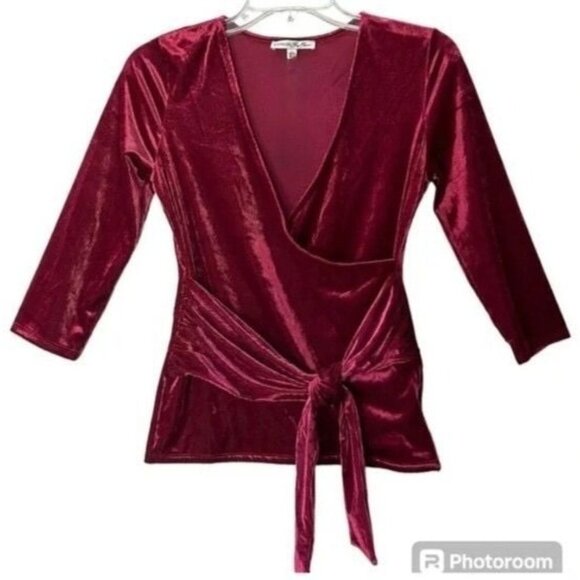 Express Blouse Womens Size Small Burgundy Red Velvet Ribbed Tie Wrap Shirt top - Picture 1 of 13